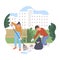 Volunteers collect trash and make city clean, flat vector illustration isolated.