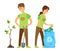 Volunteers Man and Woman, Trash and Tree Vector