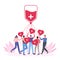Volunteers woman and man donating blood. Blood donor charity. World Blood Donor Day, Health Care.People are holding hearts. For