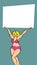 Voluptuous blond girl showing a blank banner