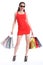 Voluptuous long legged woman holds shopping bags