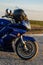 Vorkuta, Komi / Russia - 06 05 2020: Yamaha FJR 1300. Blue motorcycle against blue sky and sunny sunset