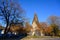 Voss Church in the autumn In the afternoon, the blue sky contrasted with the orange color of