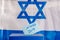 Vote box. Hebrew text Elections 2019 on voting paper over Israel flag background.