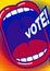 Vote poster. Large open mouth with slogan `vote!` big letters on a dynamic background with halftone.