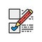 Voting, check mark on ballot, election checklist flat color line icon.