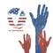 Voting Hands. Vote sign. Flag background. Patriotic grunge vector design presidential election. Be responsible and vote