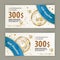 Voucher Christmas template with Santa gold stamp, blue design arc. Value 300 dollars for department stores, business.