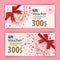 Voucher template with white gift, paper small hearts and red bow. Value 300 dollars for department stores, business, Lip print in