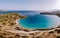 Voulisma beach Crete Greece, drone pic of Voulisma beach with blue ocean and blue sky