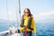 Voyage sail on sport sea luxury yacht. Yachting family summer vacation cruise. Children, sailor kid girl sailing in