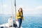 Voyage sail on sport sea luxury yacht. Yachting family summer vacation cruise. Children, sailor kid girl sailing in