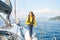 Voyage sail on sport sea luxury yacht. Yachting family summer vacation cruise. Children, sailor kid girl sailing in