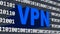 VPN lettering in blue integrated into a binary code screen made of white digits - internet or network security concept