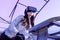 VR background pink purple blue girl face woman virtual reality headset brunette phone futuristic violet sky furniture