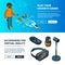 VR banners. Virtual game simulation portable reality equipment helmet headset glasses vector isometric pictures