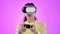 Vr, gaming and woman in 3d metaverse in studio isolated on a purple background mockup. Virtual reality, technology and