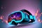 VR goggle glasses reflection of metaverse cyberspace with neon light. Flawless