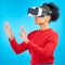 VR, metaverse and digital glasses with woman and video gaming for augmented reality. Studio, female person and blue