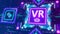 VR symbol animation on neon digital background. Virtual reality technology sign