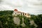 Vranov nad Dyji baroque castle in Moravian region in Czech republic. Chateau built in baroque style, placed on big rock above rive