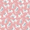 VTrendy hand drawn seamless pattern with white Leopards on pink backdrop.