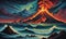 vulcano, lava, ocean, surreal by dan mumford and umberto boccioni, oil on canva