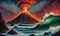 vulcano, lava, ocean, surreal by dan mumford and umberto boccioni, oil on canva