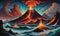 vulcano, lava, ocean, surreal by dan mumford and umberto boccioni, oil on canva