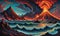 vulcano, lava, ocean, surreal by dan mumford and umberto boccioni, oil on canva