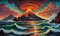 vulcano, lava, ocean, surreal by dan mumford and umberto boccioni, oil on canva