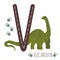 Vulcanodon. Letter V with reptile name.Hand drawn cute  dinosaur.Educational prehistoric illustration.Dino alphabet.