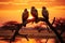 Vultures sitting on a tree at sunset, African eagle silhouette