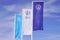 Vw volkswagen new sign text and logo brand german car on three blue flag front of