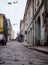 Vyborg, Russia, Leningrad Region - 17.01.2020: Historical city Center. Medieval narrow paved street with Old Finnish buildings and