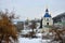 Vydubychi Monastery complex in wintertime, Kyiv, Ukraine,view from Hryshko National Botanical Garden