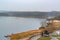 Vyoshenskaya embankment of river Don on rainy day