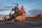 Vytis Sculpture, the Freedom Warrior - Lithuania National Symbol with Kaunas Castle on background - Kaunas, Lithuania