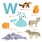 W letter animals set. English alphabet. Vector illustration