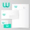 W logo. W azure letter monogram and Identity. Corporate style, envelope, letterhead, business card, pens.