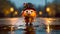 W - Scottish Robot Toy Character In Rain With Dramatic Expressionistic Style