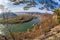 Wachau deep valley with ship against autumn forest near Duernstein village in Austria