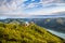 Wachau landscape with castle ruin and Danube river at sunset, Austria