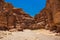 Wadi Rum desert canyon sand stone rocks wilderness dry landscape environment with empty passage Middle East touristic travel