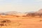 Wadi Rum desert panorama with dunes, mountains and sand that looks like planet Mars surface, Jordan