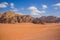 Wadi Rum desert picturesque landscape Middle East heritage touristic site top view sand valley and rocky mountains background view