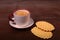 Wafel, caramel waffle and coffee cup, coffeebreak on dark background