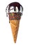 Wafer cone decorated colorful sprinkles and chocolate icing with white scoop of ice cream and current glaze isolated on white