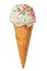 Wafer cone with white scoop of ice cream and colorful sprinkles