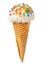 Wafer cone with white scoop of ice cream and colorful sprinkles